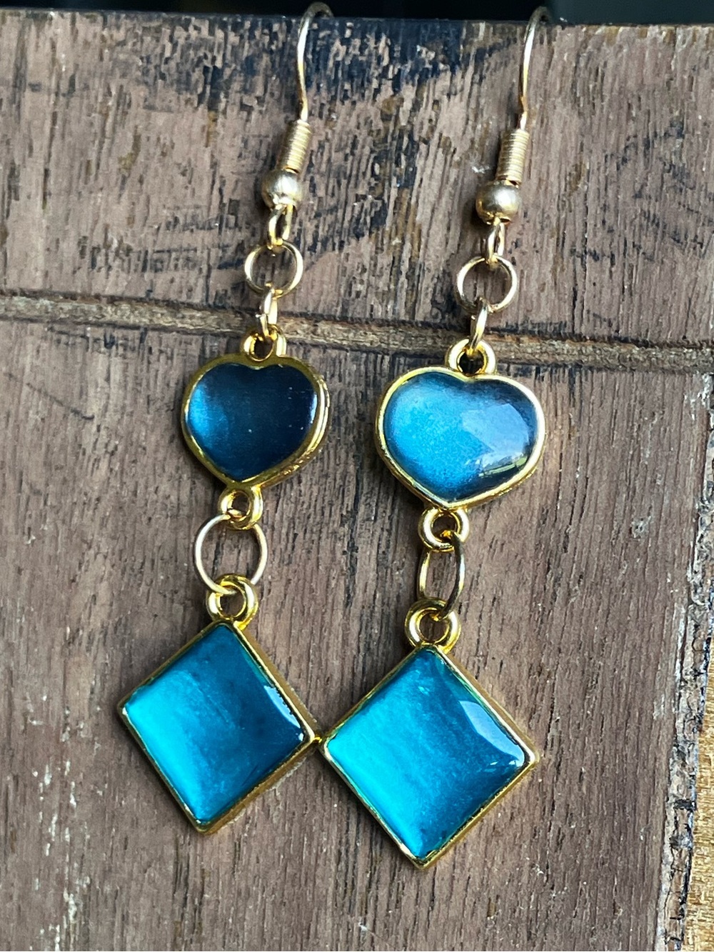 Teal and Silver heart dangle earrings with gold accent - Picture 8 of 8